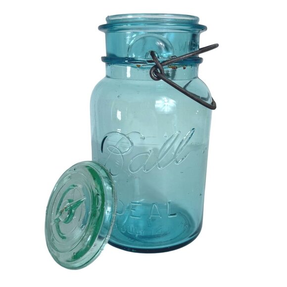 Ball Ideal Aqua Blue Mason Jar Canning Glass Lid Wire Closure VTG Quart Number 1 - Picture 2 of 16